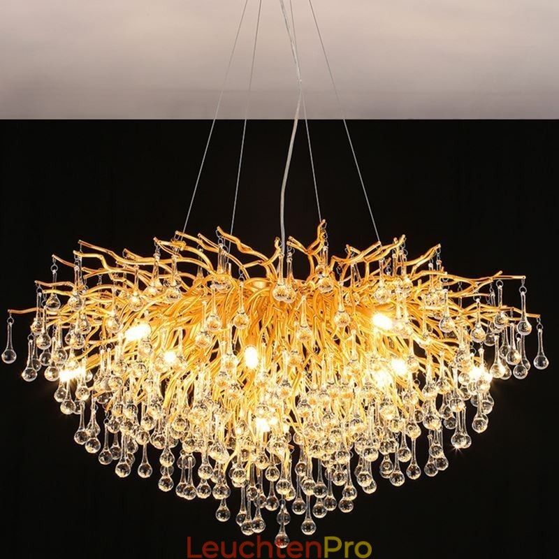 Nordischer Kristall-Kronleuchter mit Blumenmuster, runder Schirm, Luxus-Gold-Pendelleuchte
