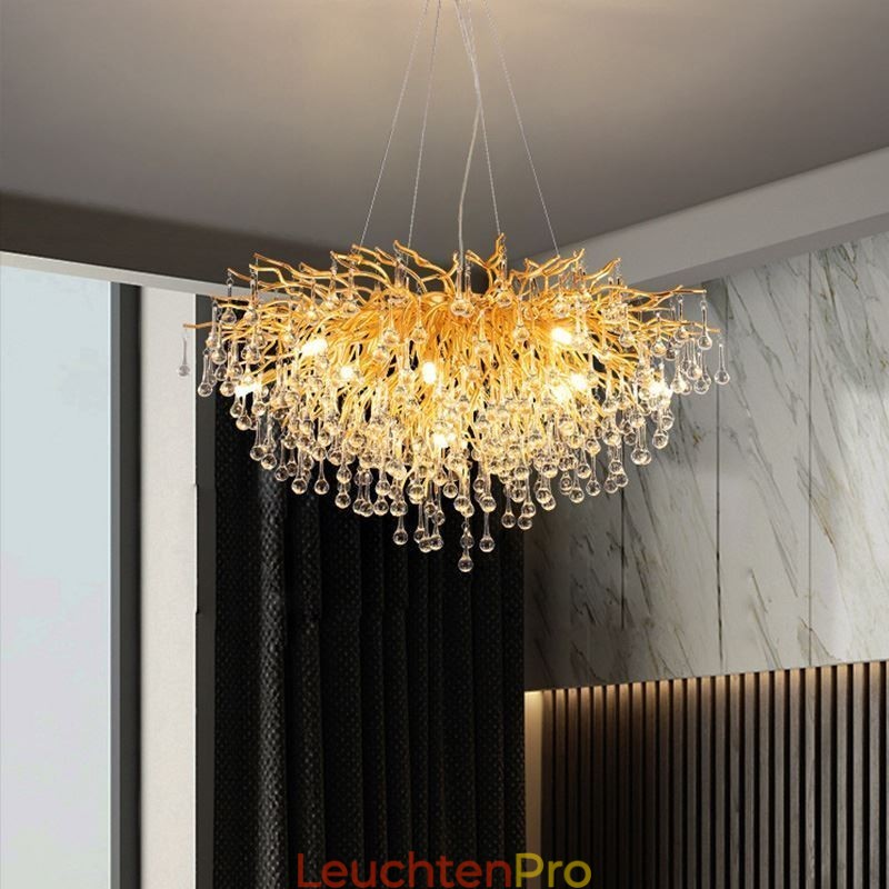 Nordischer Kristall-Kronleuchter mit Blumenmuster, runder Schirm, Luxus-Gold-Pendelleuchte