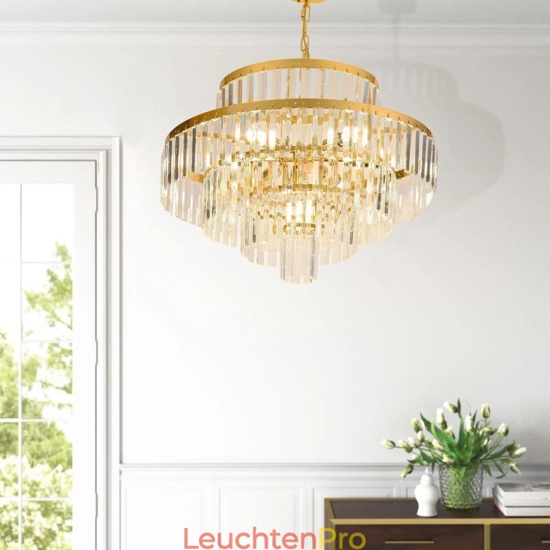 Gold Kristall Pendelleuchte 4 Ebenen Deckenbeleuchtung 7 Lichter