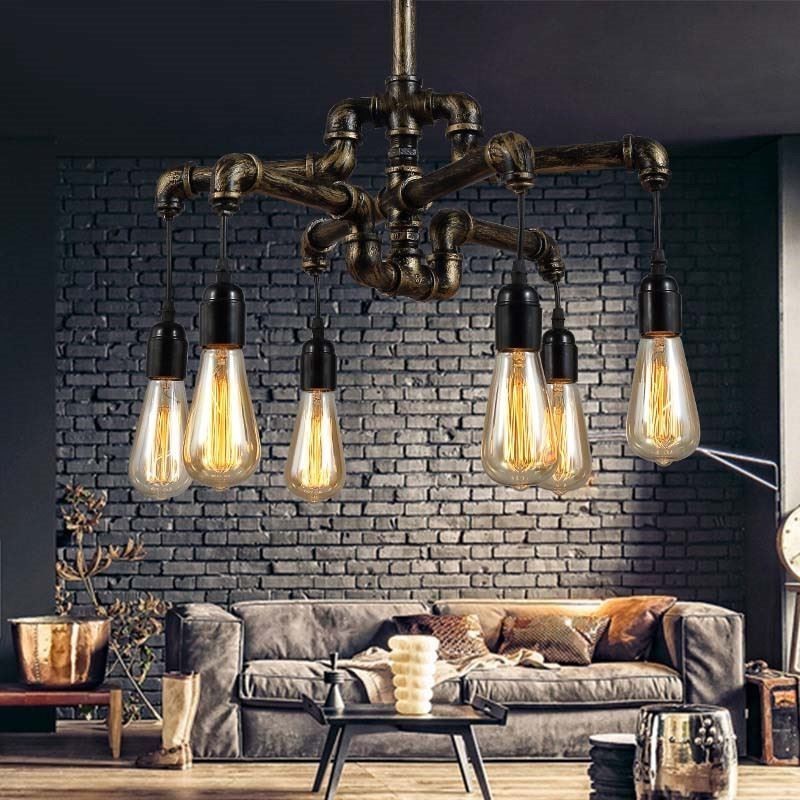 6 Licht Retro Industrielle Vintage Wasser Rohr Anhänger Licht Kronleuchter Land Rustikalen Stil