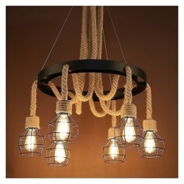 Retro-Stil 6 Köpfe Pendelleuchte Hanfseil Kronleuchter mit Eisen Lampenschirm
