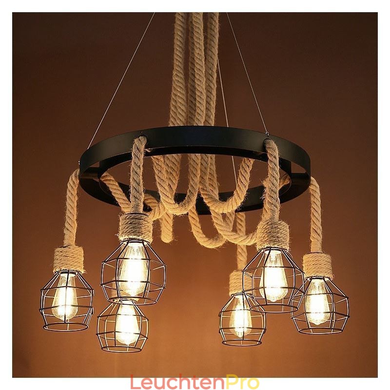 Retro-Stil 6 Köpfe Pendelleuchte Hanfseil Kronleuchter mit Eisen Lampenschirm