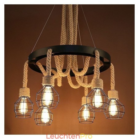 Retro-Stil 6 Köpfe Pendelleuchte Hanfseil Kronleuchter mit Eisen Lampenschirm