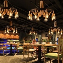 Retro-Stil 6 Köpfe Pendelleuchte Hanfseil Kronleuchter mit Eisen Lampenschirm