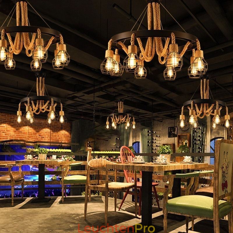 Retro-Stil 6 Köpfe Pendelleuchte Hanfseil Kronleuchter mit Eisen Lampenschirm