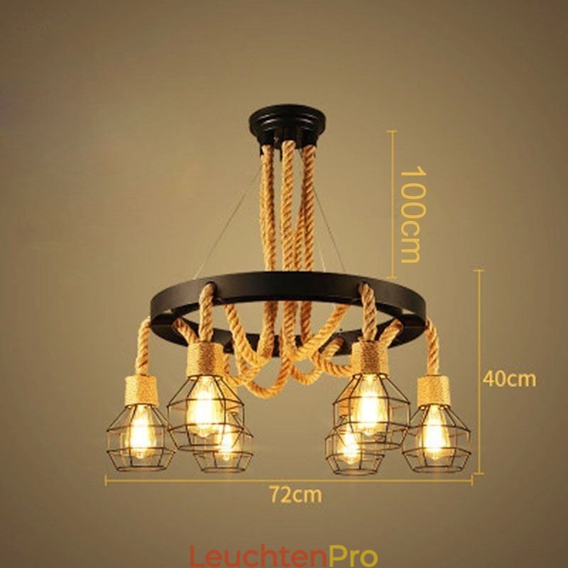 Retro-Stil 6 Köpfe Pendelleuchte Hanfseil Kronleuchter mit Eisen Lampenschirm