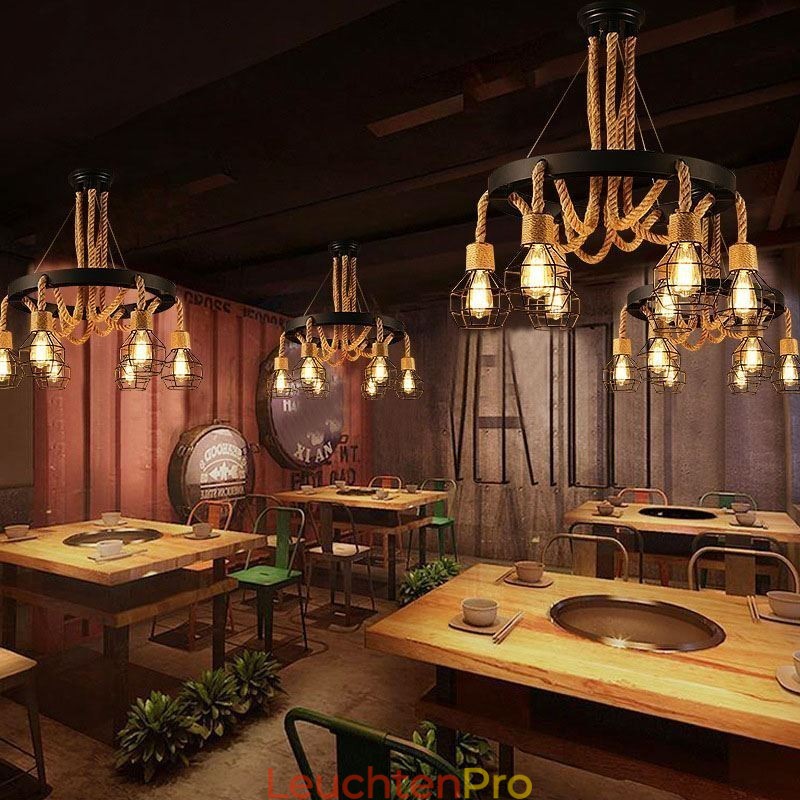 Retro-Stil 6 Köpfe Pendelleuchte Hanfseil Kronleuchter mit Eisen Lampenschirm