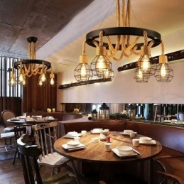 Retro-Stil 6 Köpfe Pendelleuchte Hanfseil Kronleuchter mit Eisen Lampenschirm