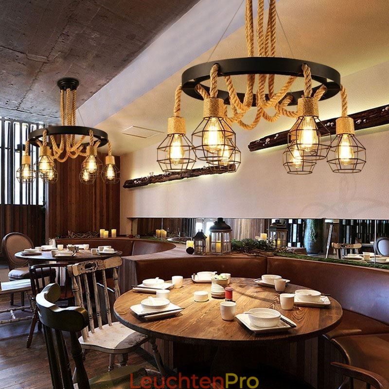 Retro-Stil 6 Köpfe Pendelleuchte Hanfseil Kronleuchter mit Eisen Lampenschirm