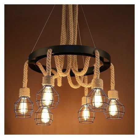 Retro-Stil 6 Köpfe Pendelleuchte Hanfseil Kronleuchter mit Eisen Lampenschirm Retro-Stil 6 Köpfe Pendelleuchte Hanfseil Kronleuchter mit Eisen Lampenschirm