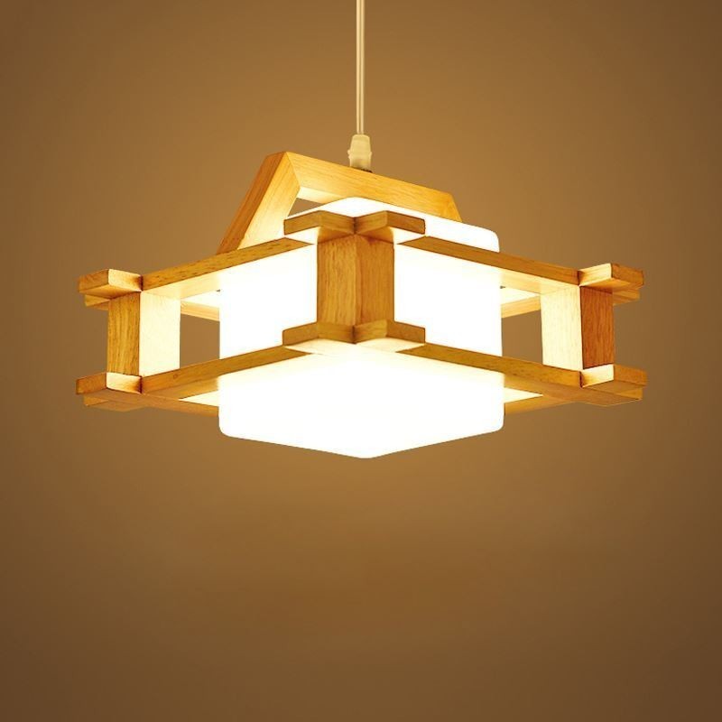Pendelleuchte aus Eiche im nordischen Stil mit Lampenschirm aus Milchglas