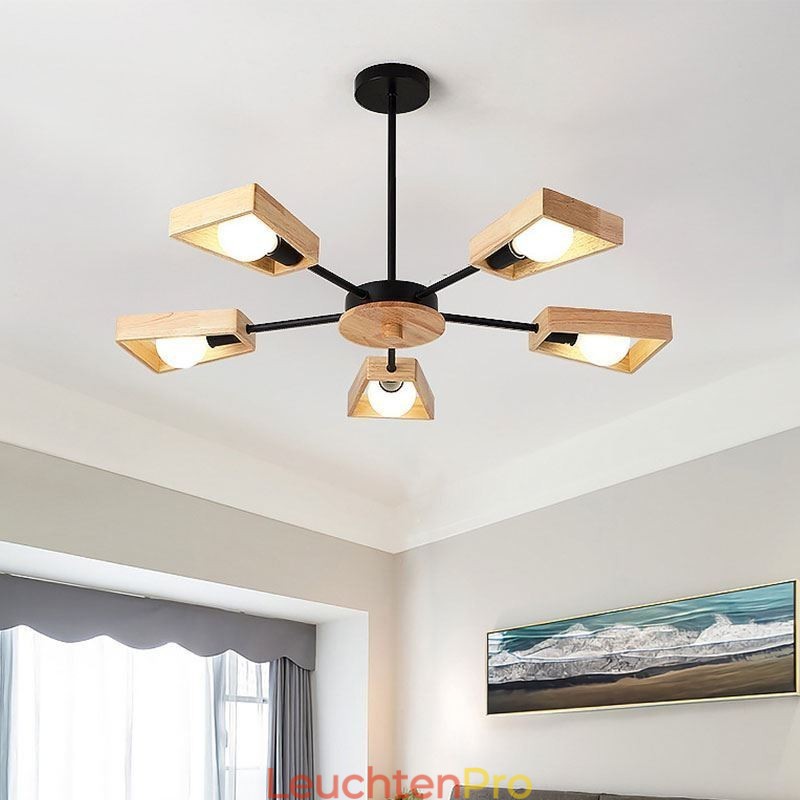 Moderner fächerförmiger Kronleuchter, elegante Pendelleuchte aus Holz