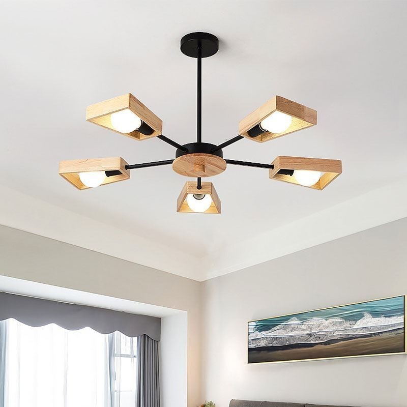 Moderner fächerförmiger Kronleuchter, elegante Pendelleuchte aus Holz