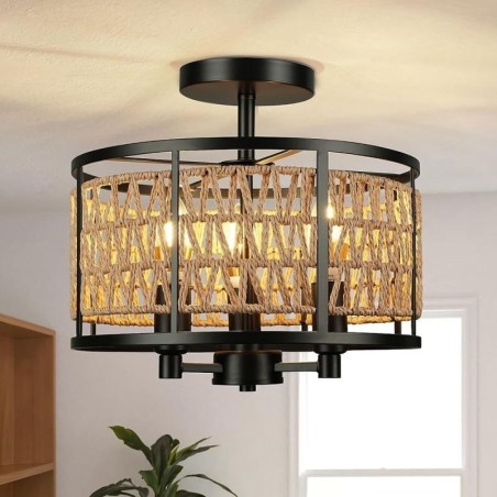 Retro Deckenleuchte Schwarz Eisen Papier Seil Deckenlampe 3 Lichter Retro Deckenleuchte Schwarz Eisen Papier Seil Deckenlampe 3 Lichter