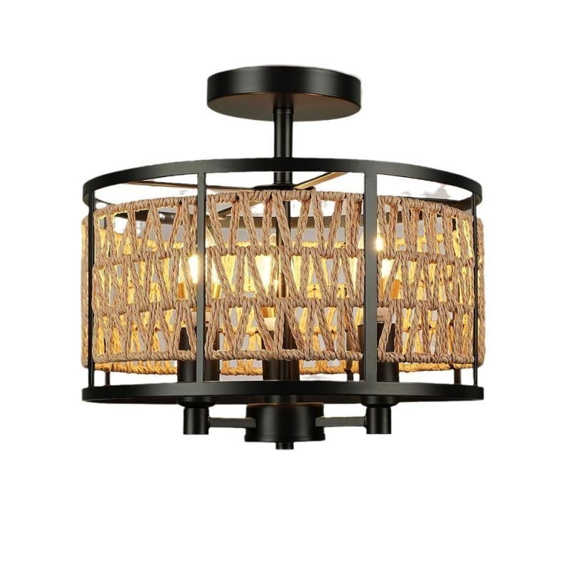 Retro Deckenleuchte Schwarz Eisen Papier Seil Deckenlampe 3 Lichter