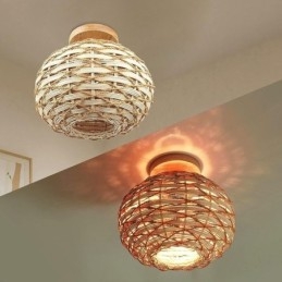 Holzfarbener Kürbis-Lampenschirm mit Papierseil und Rattan-Gewebe