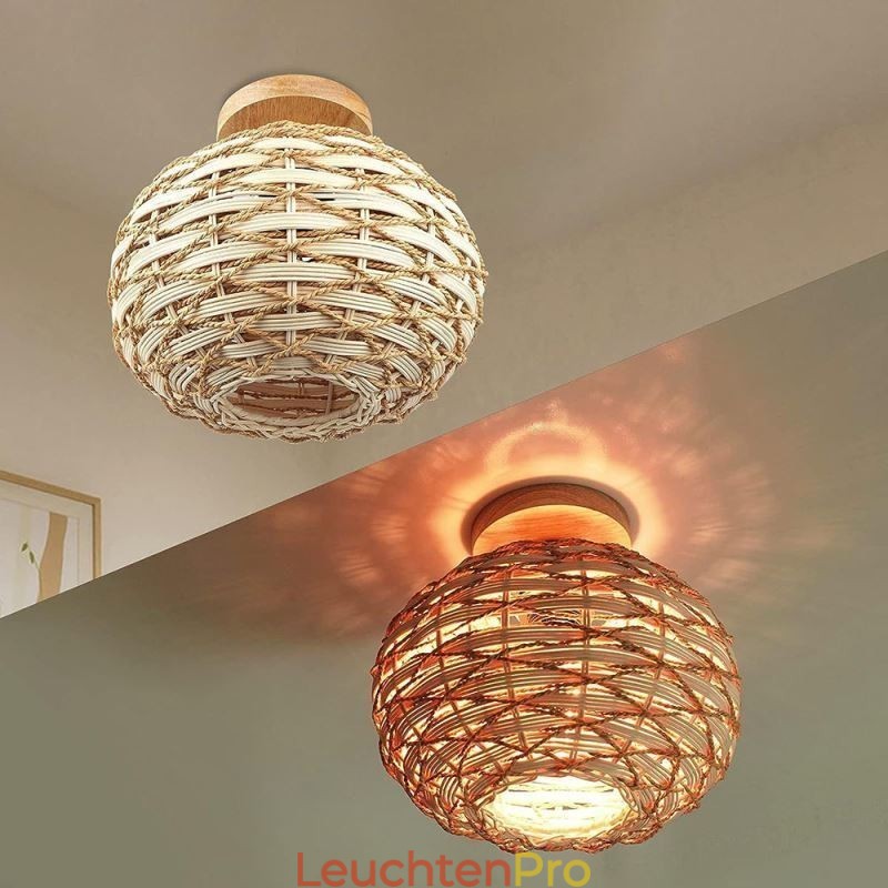 Holzfarbener Kürbis-Lampenschirm mit Papierseil und Rattan-Gewebe
