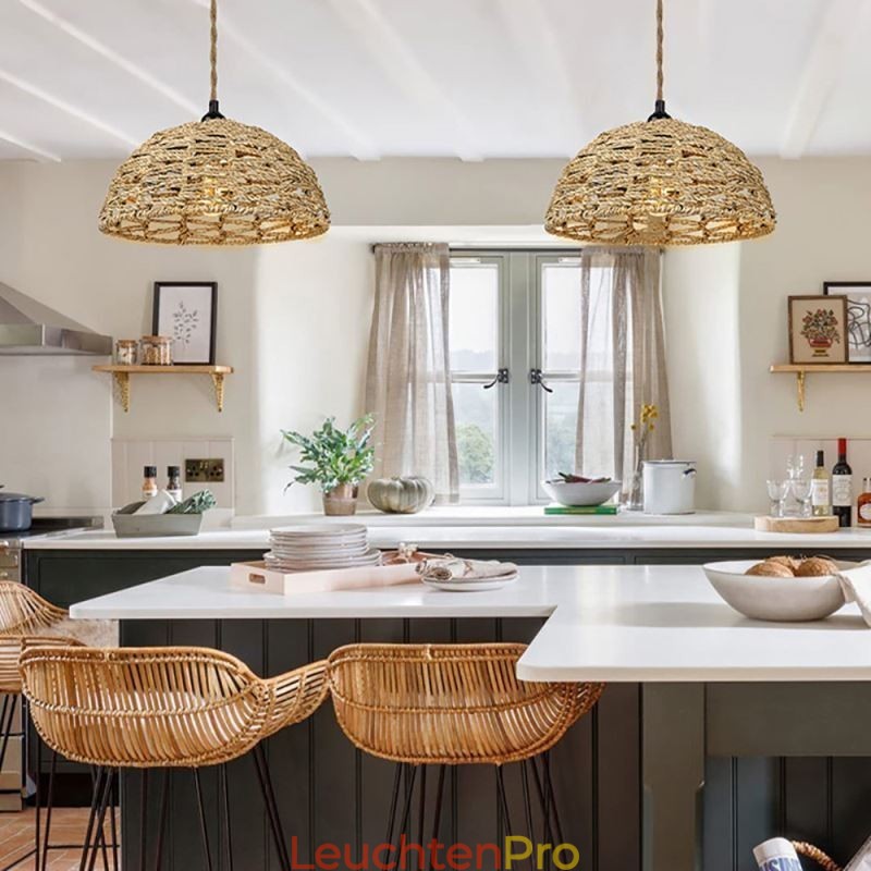 Pendelleuchte im Landhausstil, handgewebter Lampenschirm aus Papierseil, 30 cm