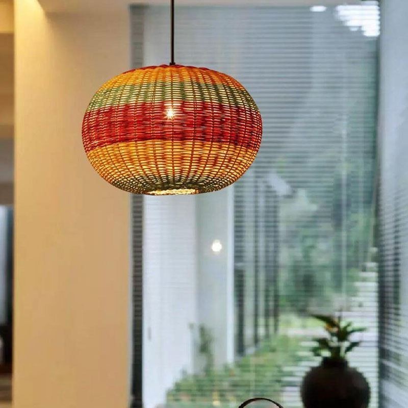 Bambus und Rattan Pendelleuchte bunt gestreift Intervall handgewebte Lampenschirm Deckenleuchte