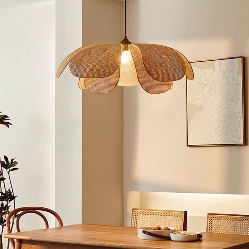 Rattan Blütenblatt Pendelleuchte Wabi Sabi Stil Handgewebte Rattan Deckenleuchte
