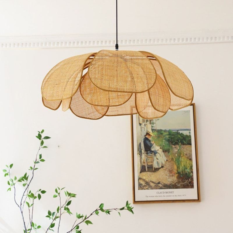 Rattan Blütenblatt Pendelleuchte Wabi Sabi Stil Handgewebte Rattan Deckenleuchte