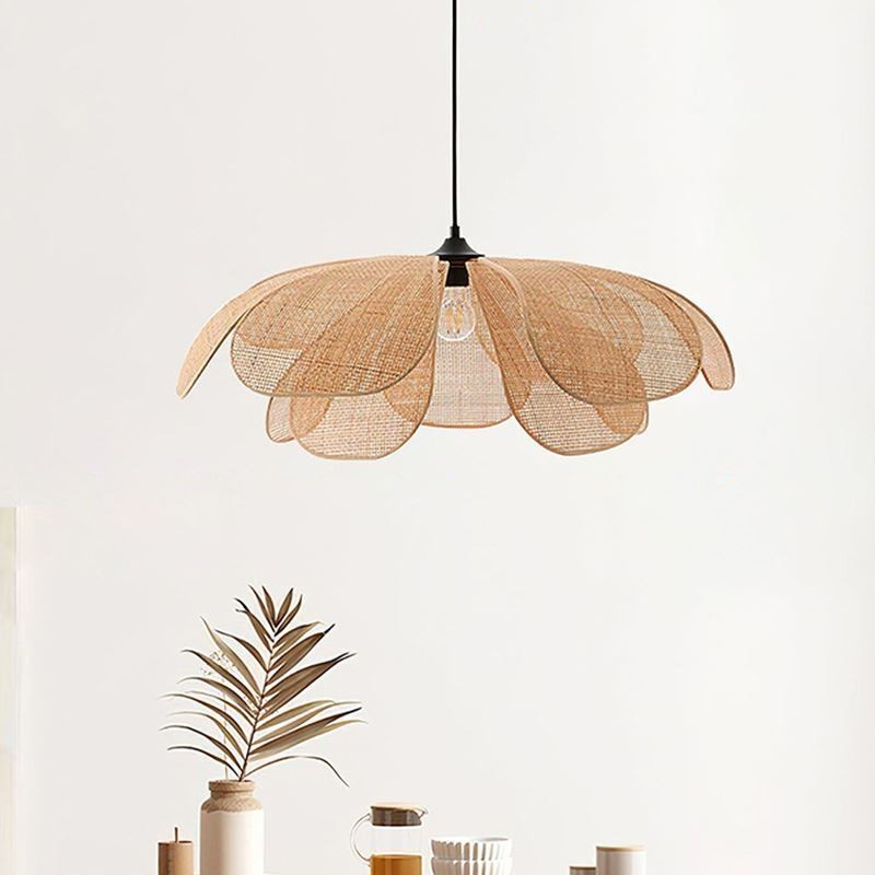 Rattan Blütenblatt Pendelleuchte Wabi Sabi Stil Handgewebte Rattan Deckenleuchte