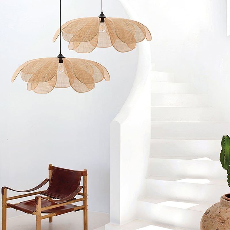 Rattan Blütenblatt Pendelleuchte Wabi Sabi Stil Handgewebte Rattan Deckenleuchte