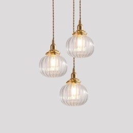 Glas Pendelleuchte Klar Rund Gerippt Kürbisform Lampe 1 Licht