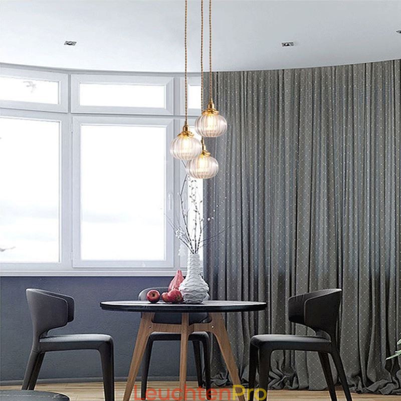 Glas Pendelleuchte Klar Rund Gerippt Kürbisform Lampe 1 Licht