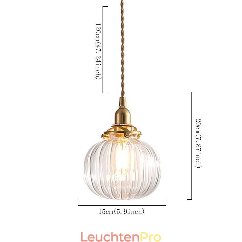 Glas Pendelleuchte Klar Rund Gerippt Kürbisform Lampe 1 Licht