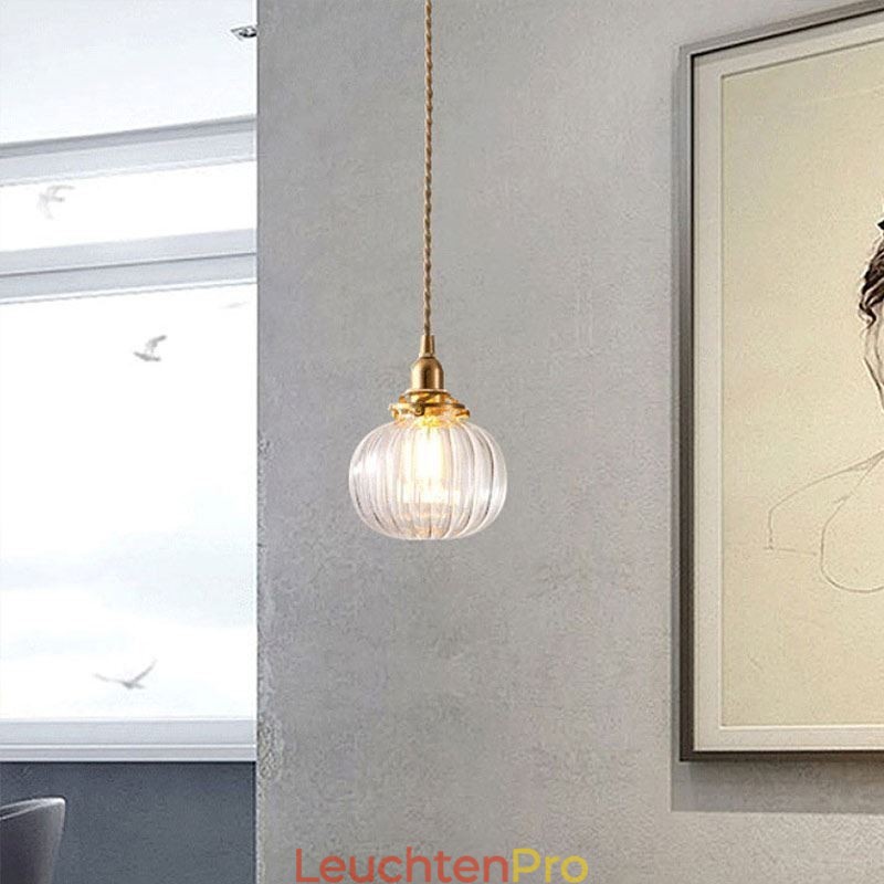 Glas Pendelleuchte Klar Rund Gerippt Kürbisform Lampe 1 Licht