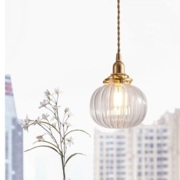 Glas Pendelleuchte Klar Rund Gerippt Kürbisform Lampe 1 Licht