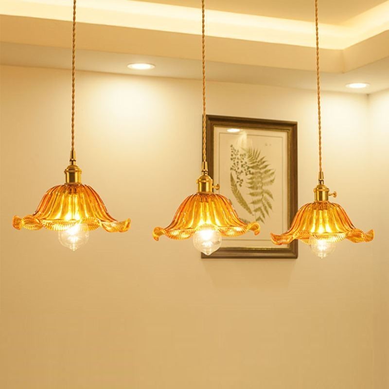 Vintage bunte gerippte Glas Pendelleuchte Blume Schatten Lampe mit Twist Switch Licht