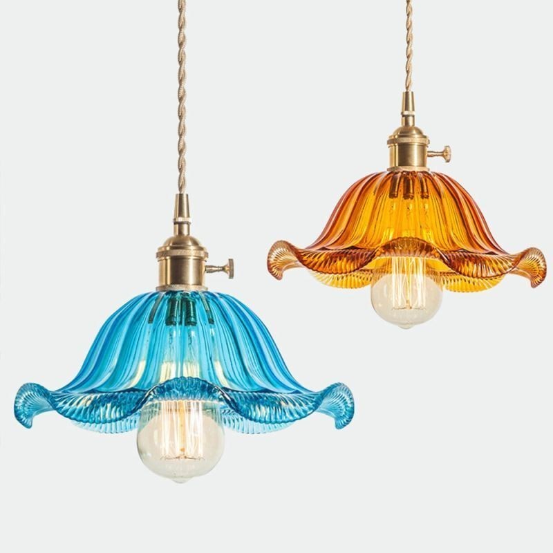 Vintage bunte gerippte Glas Pendelleuchte Blume Schatten Lampe mit Twist Switch Licht