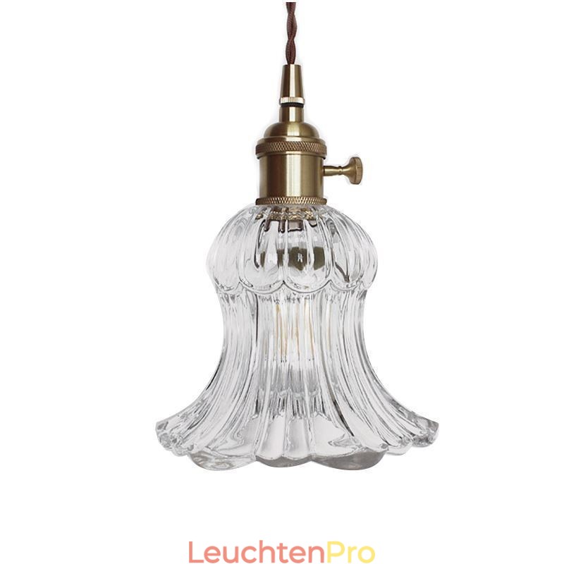 Pendelleuchte in Blumenform aus klarem geripptem Glas mit Drehschalter