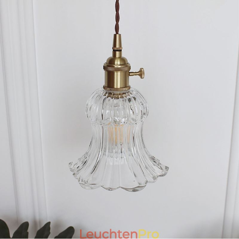 Pendelleuchte in Blumenform aus klarem geripptem Glas mit Drehschalter