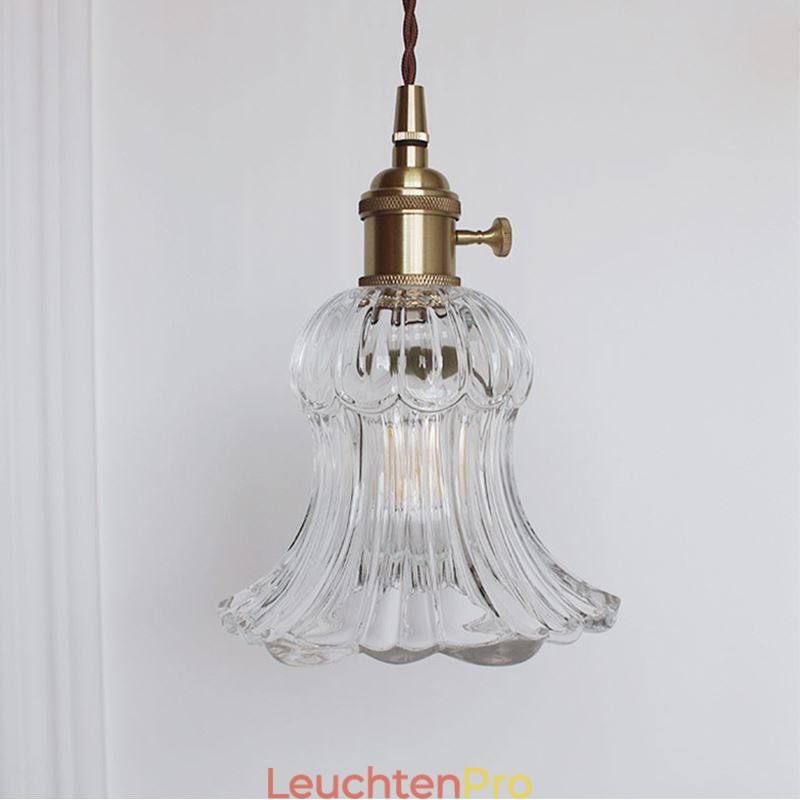 Pendelleuchte in Blumenform aus klarem geripptem Glas mit Drehschalter