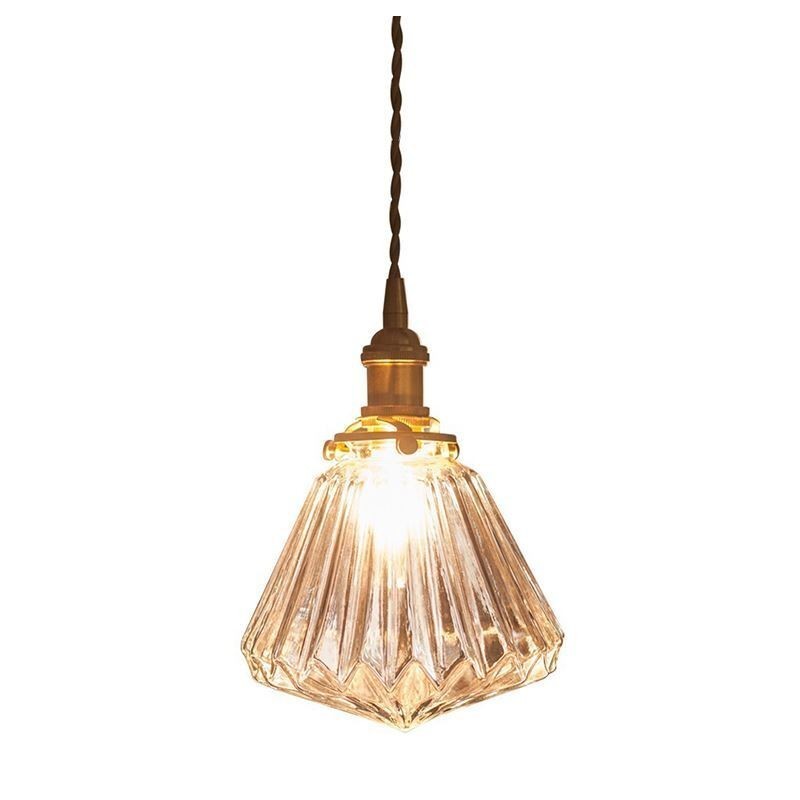 Pendelleuchte aus geripptem Glas mit klarem Diamant