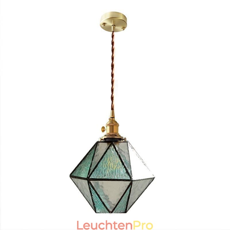 Geometrische Pendelleuchte im Bauernhausstil aus farbigem Glas