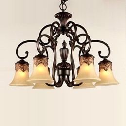 Kronleuchter Pendelleuchte 6 Lichter Lampenschirm Unten Vintage Country Metall + Glas