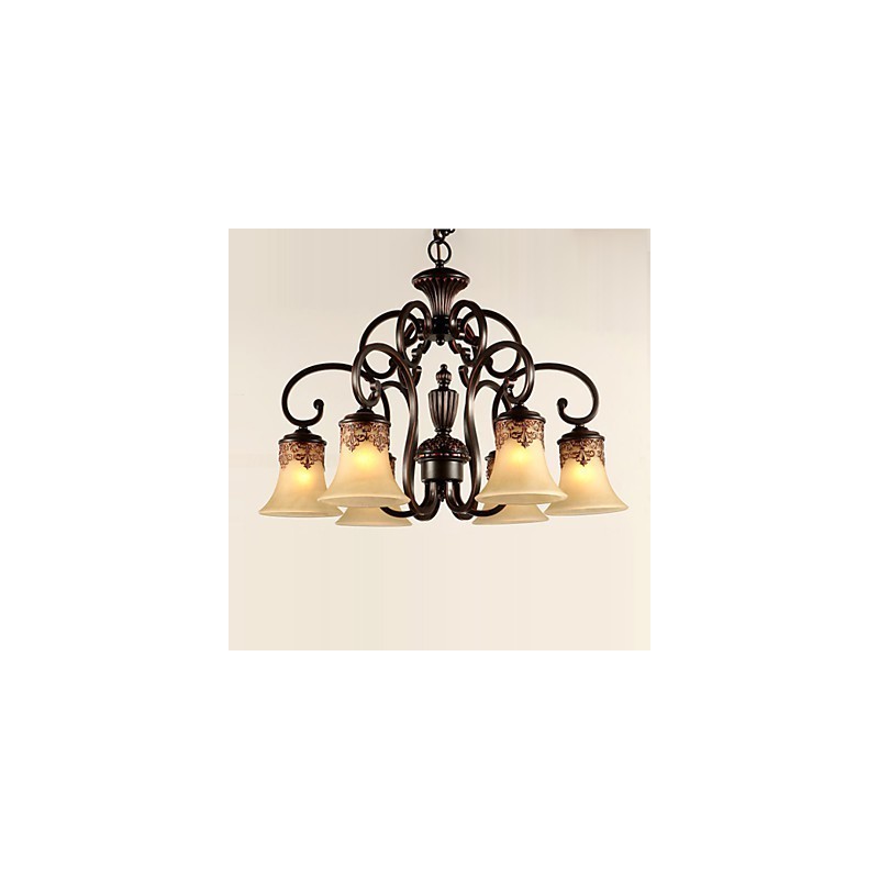 Kronleuchter Pendelleuchte 6 Lichter Lampenschirm Unten Vintage Country Metall + Glas