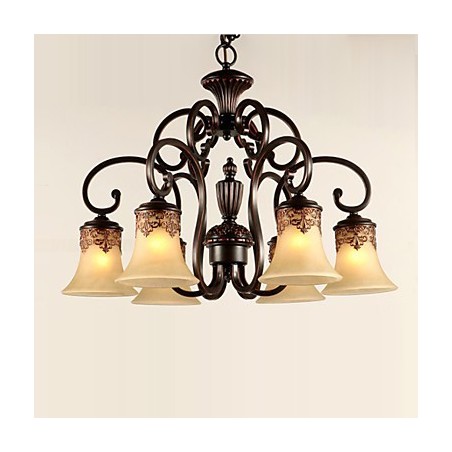Kronleuchter Pendelleuchte 6 Lichter Lampenschirm Unten Vintage Country Metall + Glas Kronleuchter Pendelleuchte 6 Lichter Lampenschirm Unten Vintage Country Metall + Glas