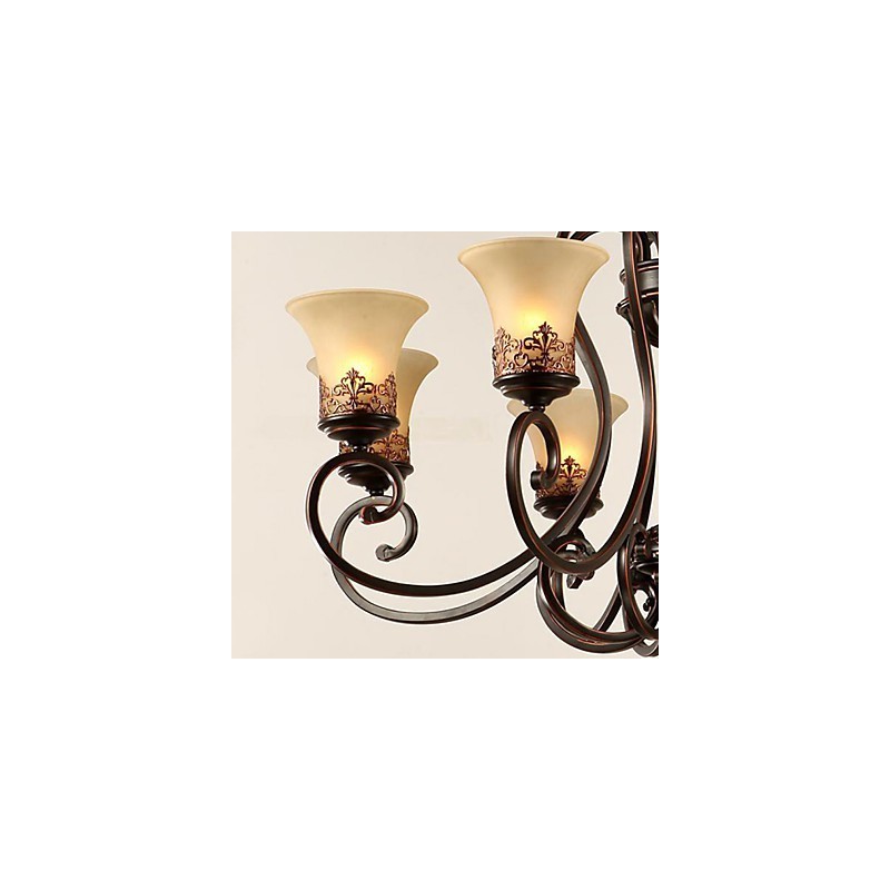 Kronleuchter Pendelleuchte 6 Lichter Lampenschirm Unten Vintage Country Metall + Glas
