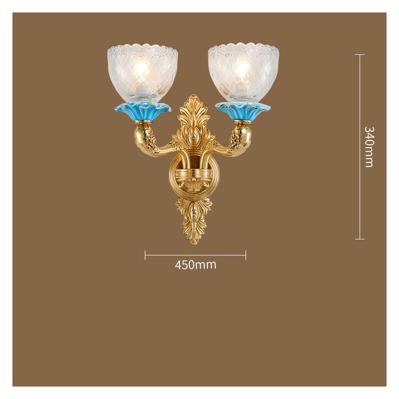 100 % reines Messing, luxuriöse rustikale Retro-Vintage-Keramik-Kerzen-Wandleuchte mit 2 Lichtern und Glasschirmen, speziell für Hotels, Büros, Ausstellungsräume, Wohnzimmer und Esszimmer