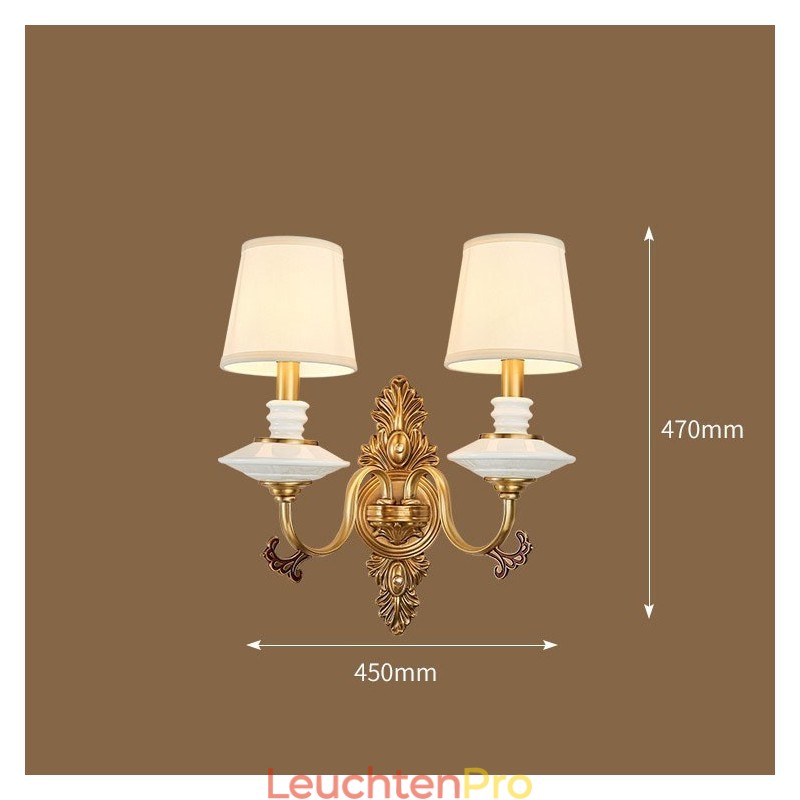 100 % reines Messing, luxuriöse rustikale Retro-Vintage-Keramik-Wandleuchte mit 2 Kerzenlichtern und Stoffschirmen, speziell für Hotels, Büros, Ausstellungsräume, Wohnzimmer und Esszimmer