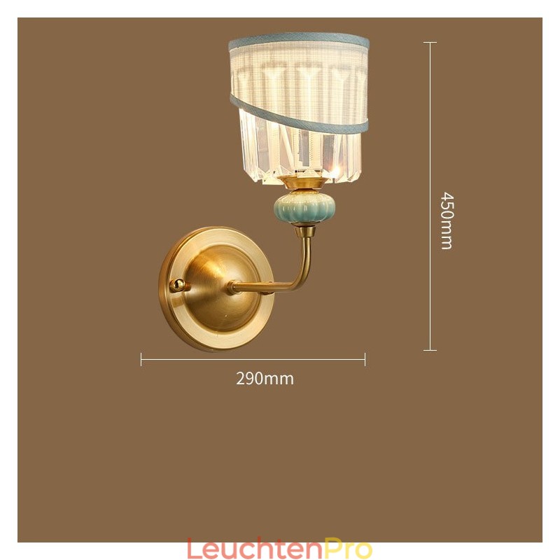 Reines Messing, luxuriöse rustikale Retro-Vintage-Keramik-Kerzen-Wandleuchte mit 1 Licht, Stoff- und Kristallschirm, speziell für Hotel, Büro, Ausstellungsraum, Wohnzimmer, Esszimmer