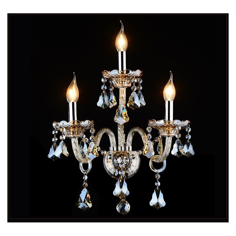 3-flammige, passende Cognac-Farbe, K9-Kristallkerze, Retro-Glas-Wandleuchte