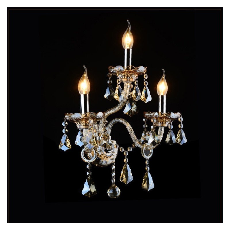 3-flammige, passende Cognac-Farbe, K9-Kristallkerze, Retro-Glas-Wandleuchte