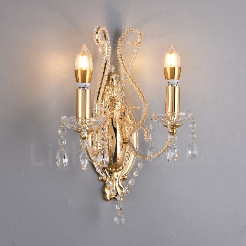 Wandleuchte mit 2 Lichtern, Gold/Schwarz, im amerikanischen Stil, Kristall, für Wohnzimmer, Esszimmer, Bekleidungsgeschäft, Café, Hotel