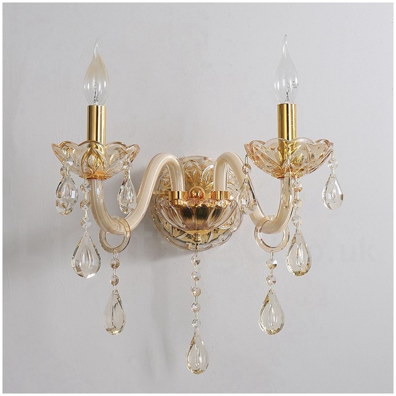 2-flammige goldene K9-Kristallkerzen-Wandleuchte im Retro-Stil aus Glas